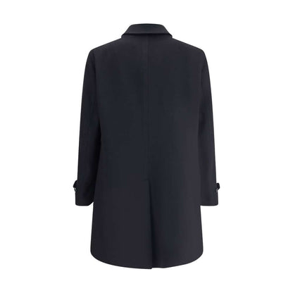 Back view of Lardini Black Fleece Wool Trench Coat with button cuffs, featuring pure wool material and elegant tailored design.