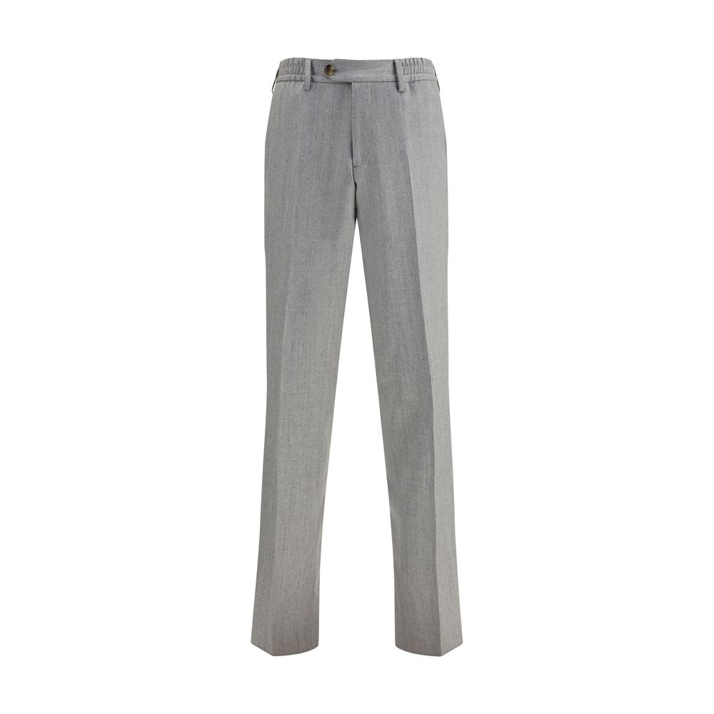 Lardini Gray Fleece Wool Chino Pants with elastic waistband and button closure, featuring side and back flap pockets. Regular fit for AW25 season.