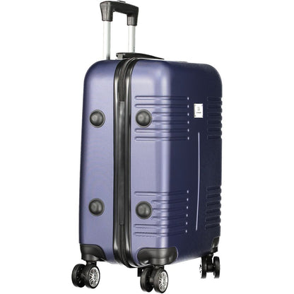 Laura Biagiotti Blue Polyethylene Luggage And Travel - Small trolley with 4 wheels, handle, zip closure, combination padlock, and logo.