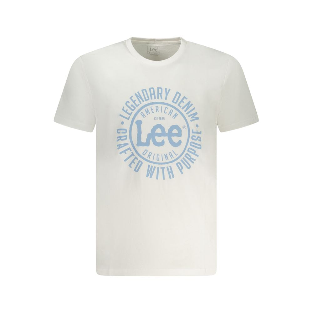 Front view of Lee White Cotton Men T-Shirt with crew neck and bold Lee logo print on white fabric