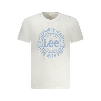 Front view of Lee White Cotton Men T-Shirt with crew neck and bold Lee logo print on white fabric