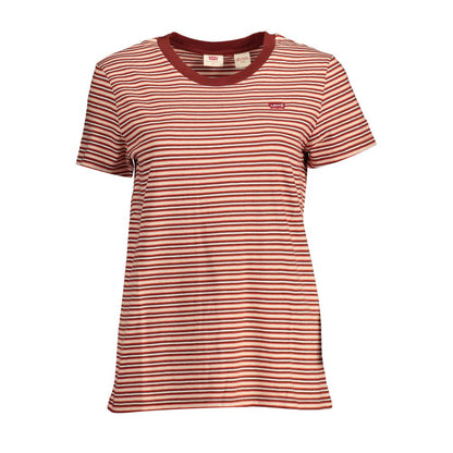 Levi's Red Cotton Women T-Shirt with stripes and logo, short sleeve, round neck, made from soft cotton, perfect for casual wear.