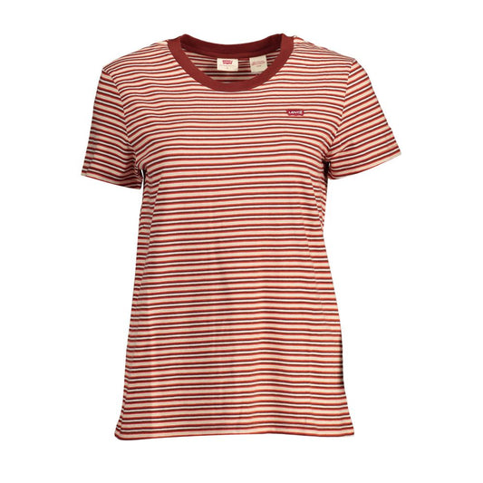 Levi's Red Cotton Women T-Shirt with stripes and logo, short sleeve, round neck, made from soft cotton, perfect for casual wear.
