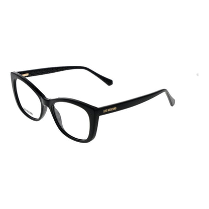 Love Moschino Black Cellulose Propionate Glasses (Frames) with full-rim butterfly style, branded in black, with demo lenses and spring hinge.