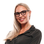 Woman wearing Lozza Black Women Glasses Frame, full-rim plastic in black color, round style, featured with demo lenses.