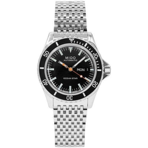 MIDO MOD. OCEAN STAR TRIBUTE watch with black dial and silver bracelet design