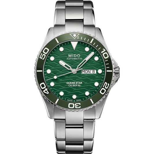 Stainless steel MIDO MOD. OCEAN STAR 200C watch with green dial and silver bracelet, displaying time and date.