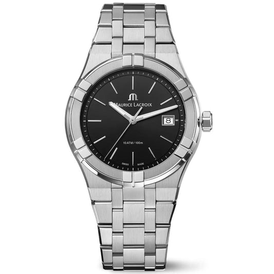 MAURICE LACROIX MOD. AI1118-SS002-330-1 luxury watch with stainless steel bracelet and black dial