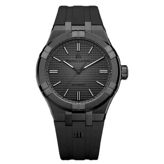 MAURICE LACROIX MOD. AI6008-PVB00-330-2 black automatic watch with textured dial and black strap.