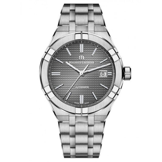 Luxury watch MAURICE LACROIX MOD. AI6008-SS002-230-1 with silver bracelet and dark textured dial, front view.
