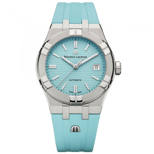 MAURICE LACROIX MOD. AIKON AUTOMATIC LIMITED EDITION wristwatch with blue dial and strap, stainless steel case, and sapphire crystal.