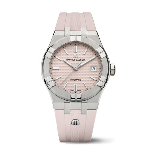 MAURICE LACROIX MOD. AIKON AUTOMATIC LIMITED SUMMER EDITION wristwatch with pink strap, stainless steel case, and sapphire dial.