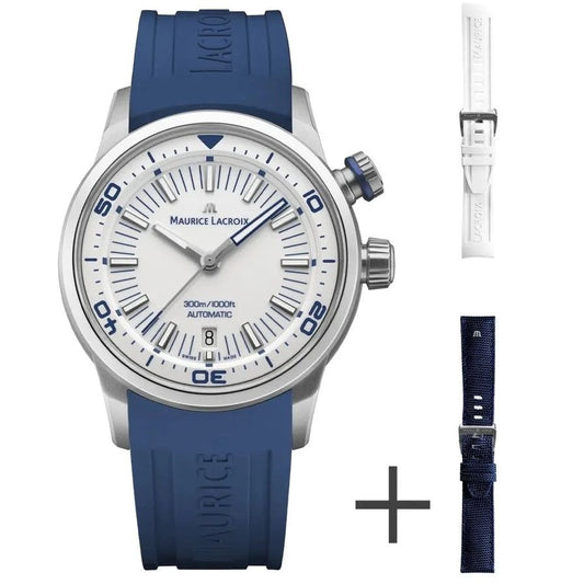 MAURICE LACROIX MOD. PONTOS S DIVER watch with blue caucciù strap, stainless steel case, and extra straps, Swiss-made, in official packaging.