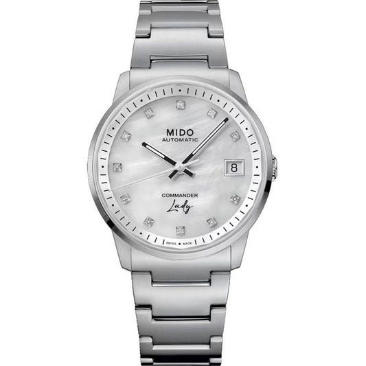 MIDO MOD. COMMANDER LADY watch with silver case and bracelet, featuring a stylish design for women.
