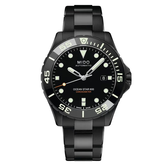 MIDO MOD. M026-608-33-051-00 black stainless steel watch with luminous markers and date display.