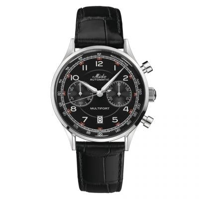 MIDO MOD. MULTIFORT PATRIMONY CHRONOGRAPH with black leather strap and black dial, luxury men's wristwatch.