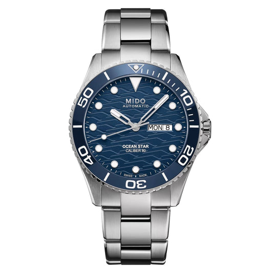 MIDO MOD. OCEAN STAR 200C watch with blue dial and silver bracelet, showcasing elegant design and advanced features.