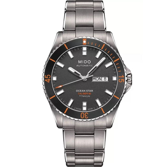 MIDO MOD. OCEAN STAR 200 watch with titanium strap, analog display, and orange accents.
