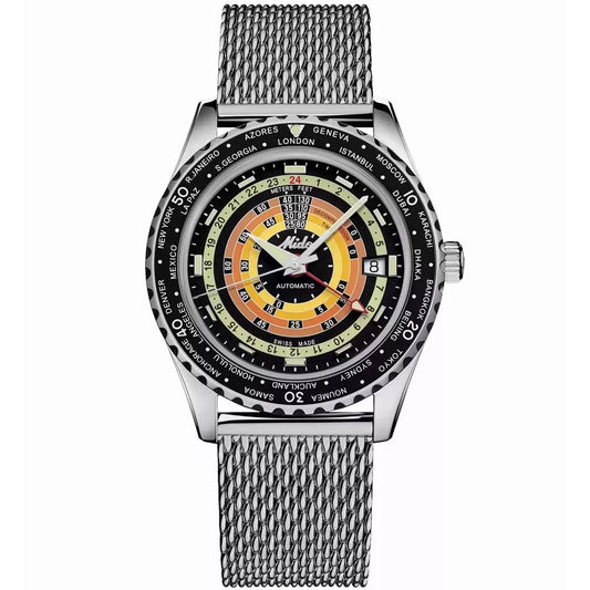 MIDO MOD. OCEAN STAR DECOMPRESSION WORLDTIMER watch with stainless steel mesh strap, colorful dial showcasing world time zones.