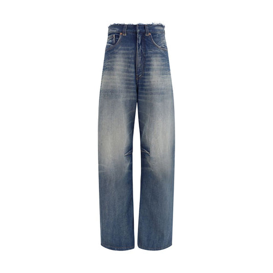 MM6 Blue Cotton Relaxed Fit Jeans with wide-leg, high-waisted design and frayed hems. Perfect for an edgy, casual look.