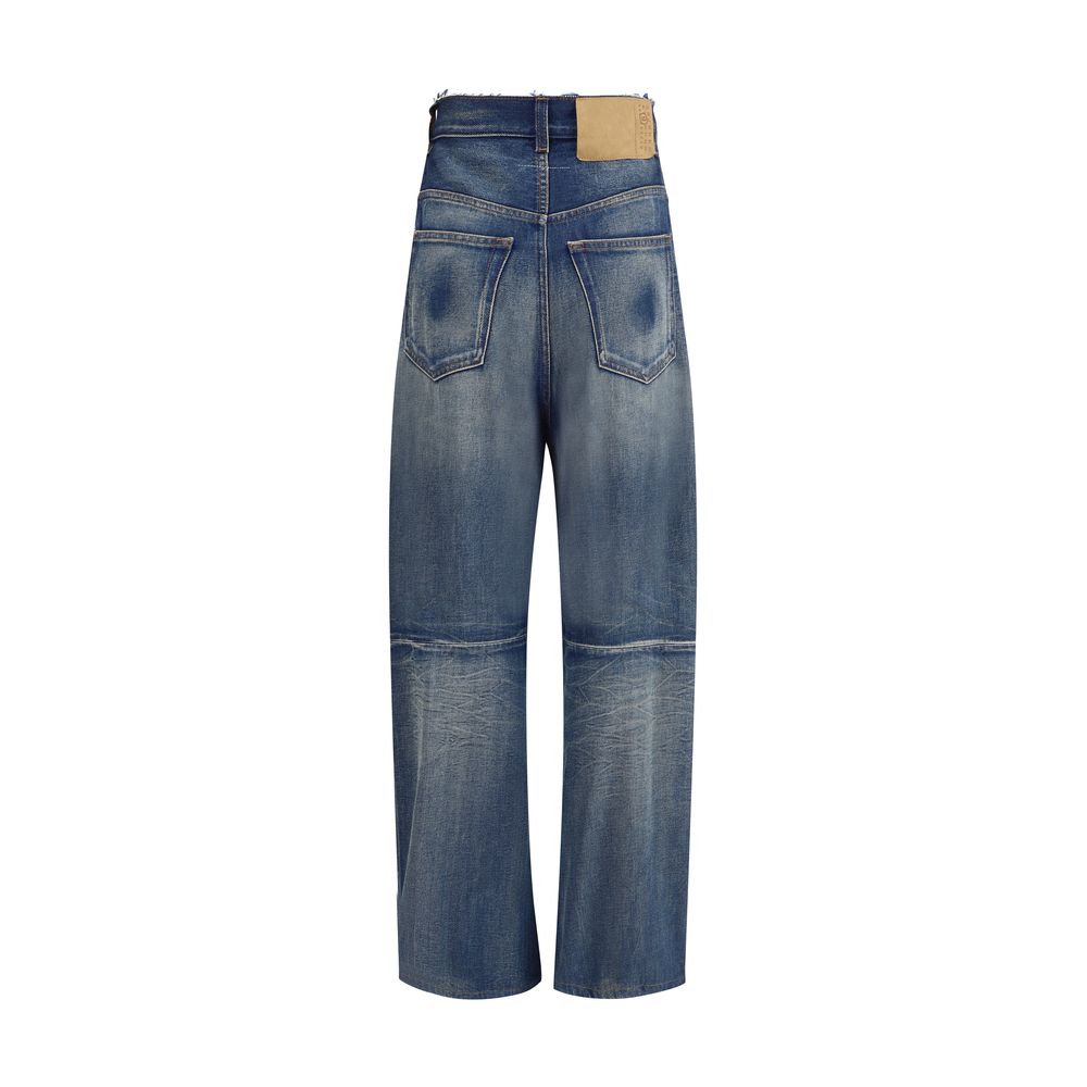 Back view of MM6 Blue Cotton Relaxed Fit Jeans with wide-leg, high-waisted silhouette and frayed base.
