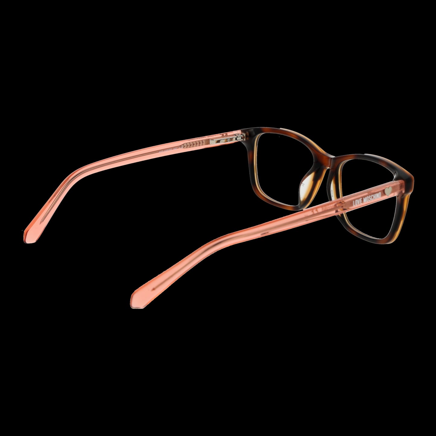 Alt Tag: MOSCHINO LOVE MOD. MOL566_TN 4905L16 eyeglasses with orange and brown frame viewed from side on black background
