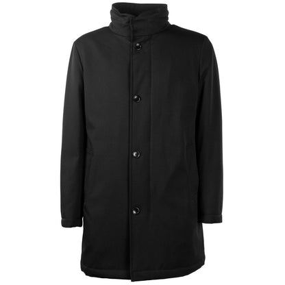 Made in Italy Black Wool Men Jacket - luxurious overcoat with Loro Piana Virgin wool, dual pockets, button and zipper closure, perfect for style and warmth.