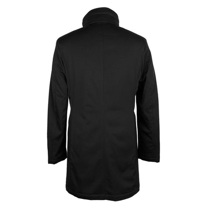 Rear view of Made in Italy Black Wool Men Jacket in Loro Piana fabric with dual-pocket design and button-zipper closure.
