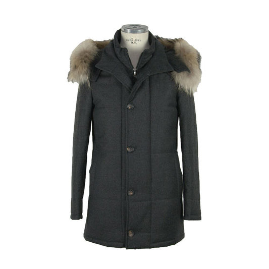 Made in Italy Black Wool Men's Jacket with fur-lined hood displayed on a mannequin.