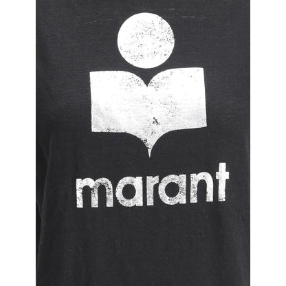 Marant Etoile Black Linen T-Shirt with iconic monogram on front, ribbed crew neck, lightweight and breathable for warmer days.