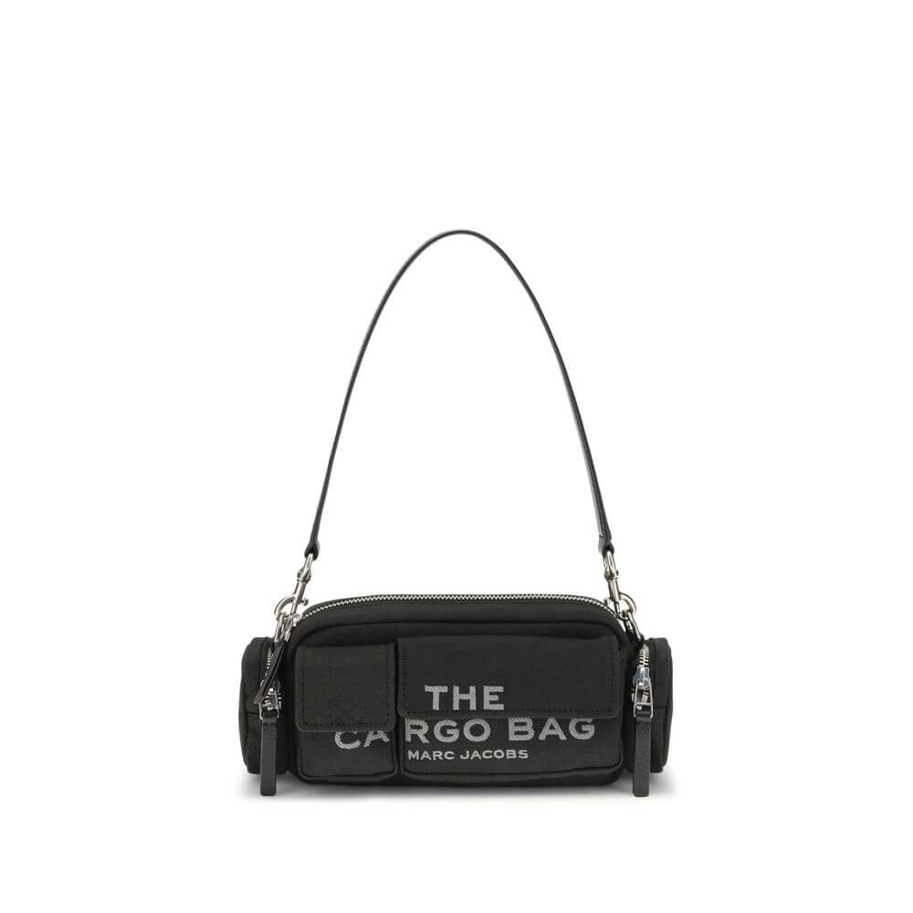Marc Jacobs Black Canvas Shoulder Bag with exterior pockets and leather straps, embroidered logo, AW25 collection.