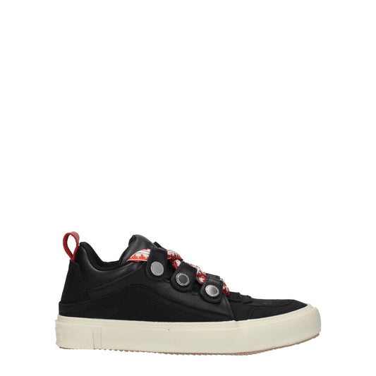 Marcelo Burlon Black Leather Low Top Sneakers with red accents, lace-up closure, and rubber sole. Features vintage and aged effects.