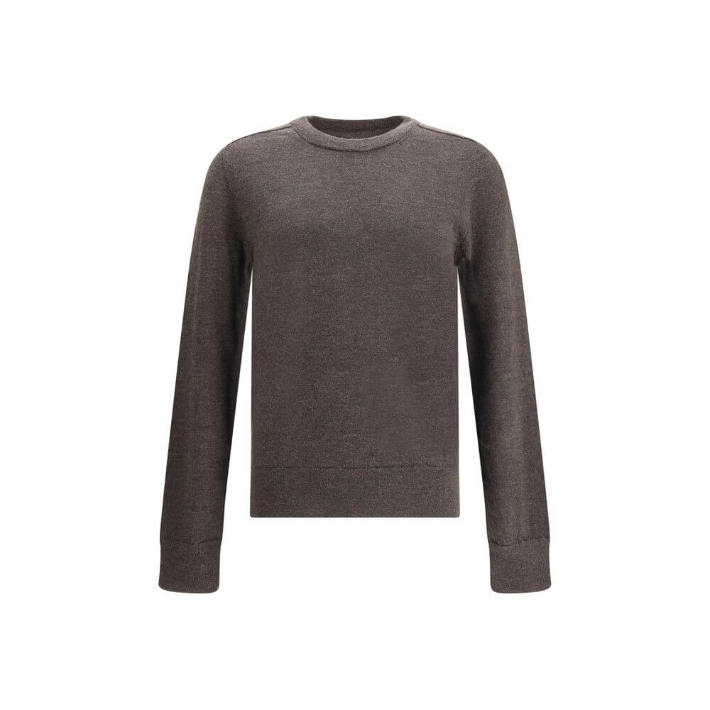Front view of Margiela Brown Wool Sweatshirt with contrast stitching and appliqués on sleeves, featuring ribbed crew neck, cuffs, and hem.