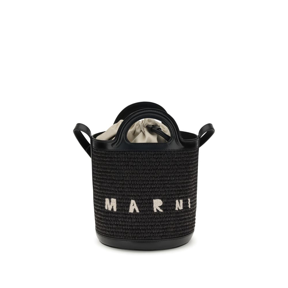 Marni Black Cotton Backet Bag with raffia design, leather trim, double leather handles, and drawstring closure.