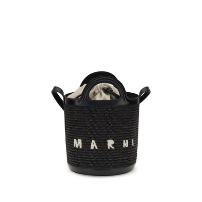 Marni Black Cotton Backet Bag with raffia design, leather trim, double leather handles, and drawstring closure.