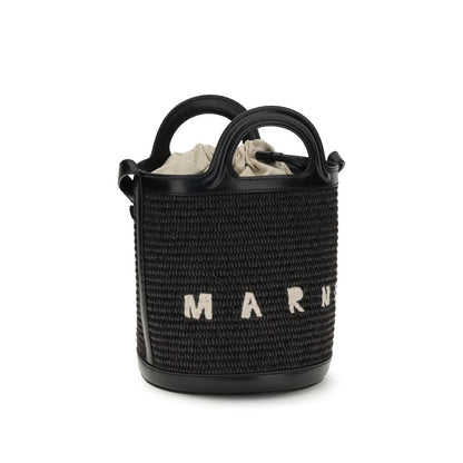 Marni Black Cotton Backet Bag with raffia design, leather trim, and top handles.