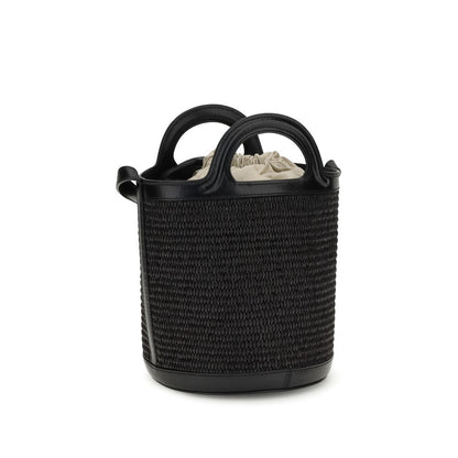 Marni Black Cotton Backet Bag with raffia design, leather handles, adjustable strap, and drawstring closure for summer style and versatility.