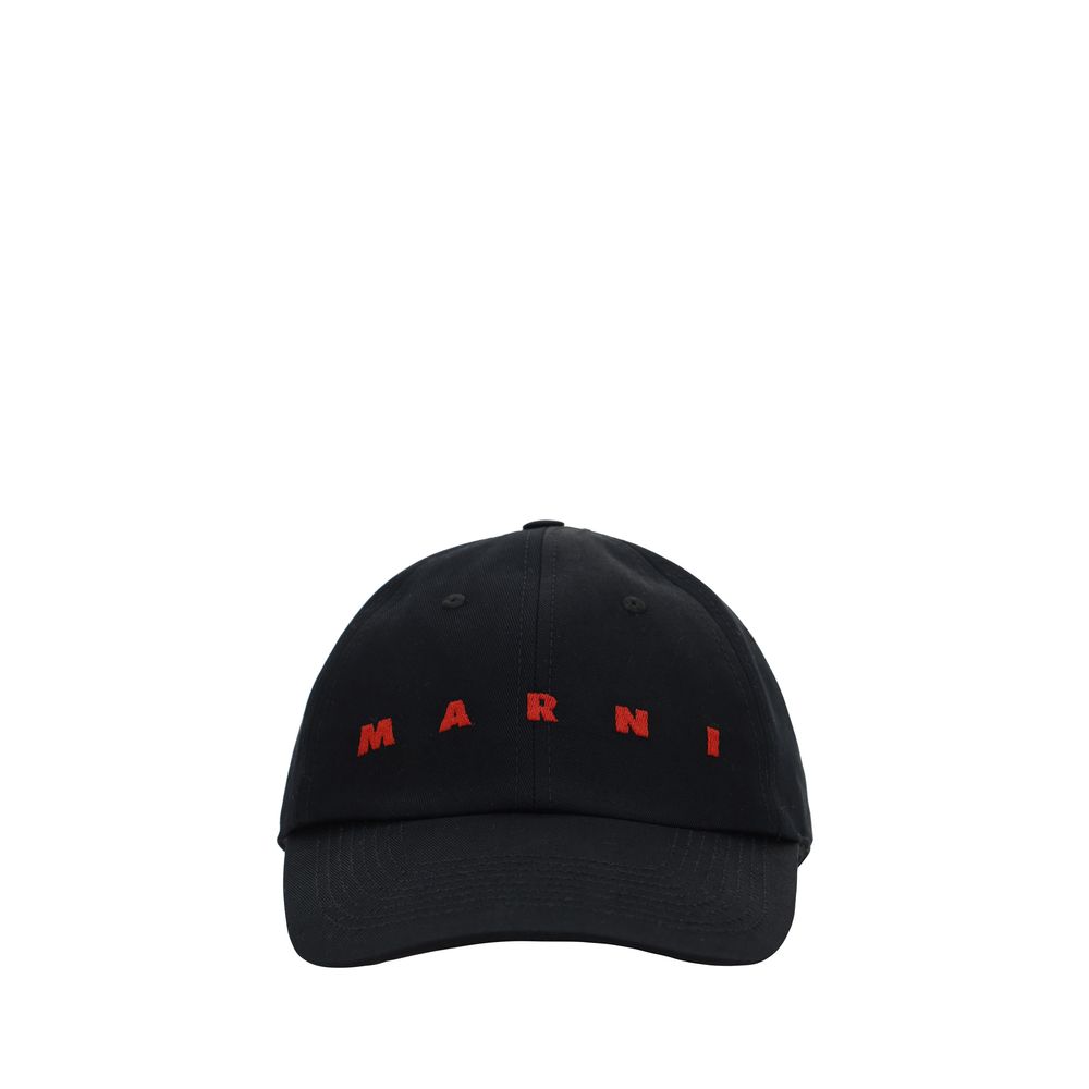 Marni Black Cotton Cap (Baseball Hat) with red monogram, adjustable back closure, 100% cotton, stylish accessory for AW25 collection.