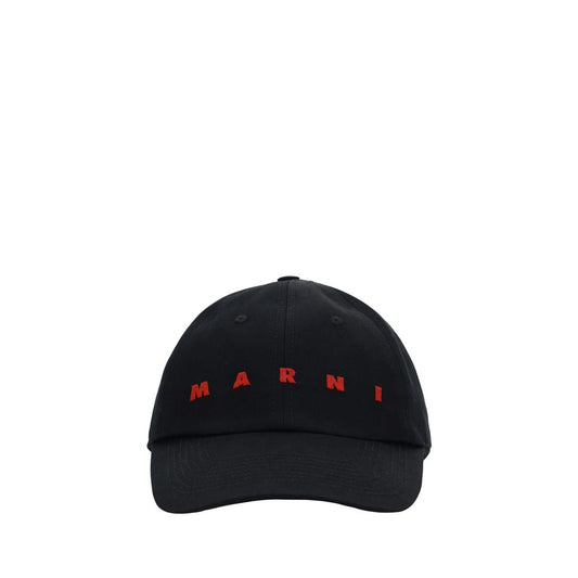 Marni Black Cotton Cap (Baseball Hat) with red monogram, adjustable back closure, 100% cotton, stylish accessory for AW25 collection.
