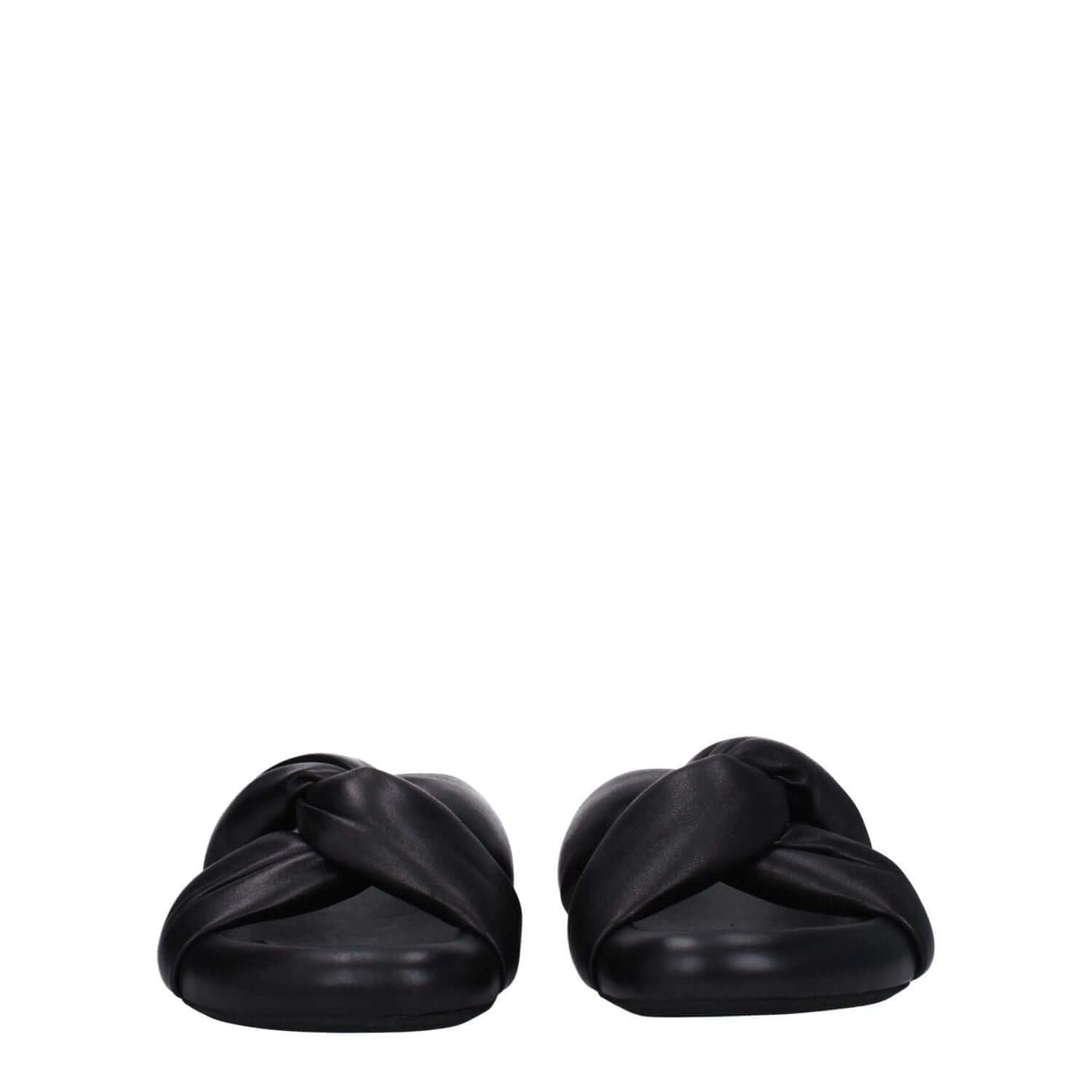 Marni Black Leather Slippers with open toe, mid heels, rubber sole, and side logo design, perfect for casual style.