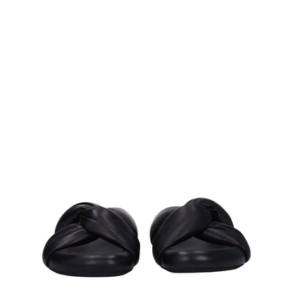 Marni Black Leather Slippers with open toe, mid heels, rubber sole, and side logo design, perfect for casual style.