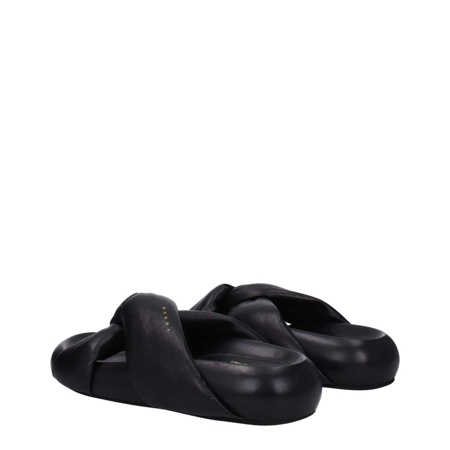 Marni Black Leather Slippers with gold side logo, open toe, rubber sole, mid heels 4.5 cm, and casual style. Model: SAMS018703P544300N99.
