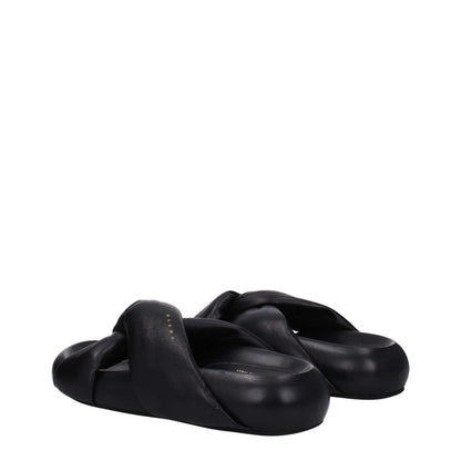 Marni Black Leather Slippers with gold side logo, open toe, rubber sole, mid heels 4.5 cm, and casual style. Model: SAMS018703P544300N99.
