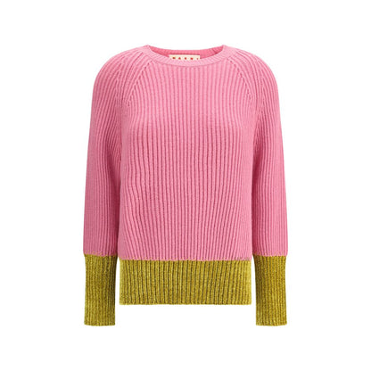 Marni Multicolor Fleece Wool Sweatshirt with pink and green color-block, knitted in English rib with Marni logo embroidery. Regular fit.