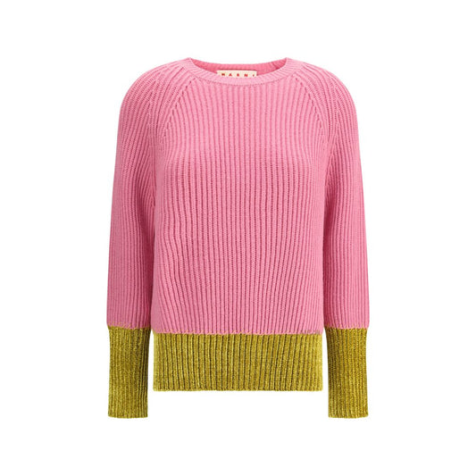 Marni Multicolor Fleece Wool Sweatshirt with pink and green color-block, knitted in English rib with Marni logo embroidery. Regular fit.
