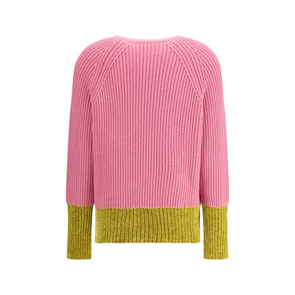 Back view of Marni Multicolor Fleece Wool Sweatshirt with pink and yellow ribbed design, featuring long sleeves and regular fit.