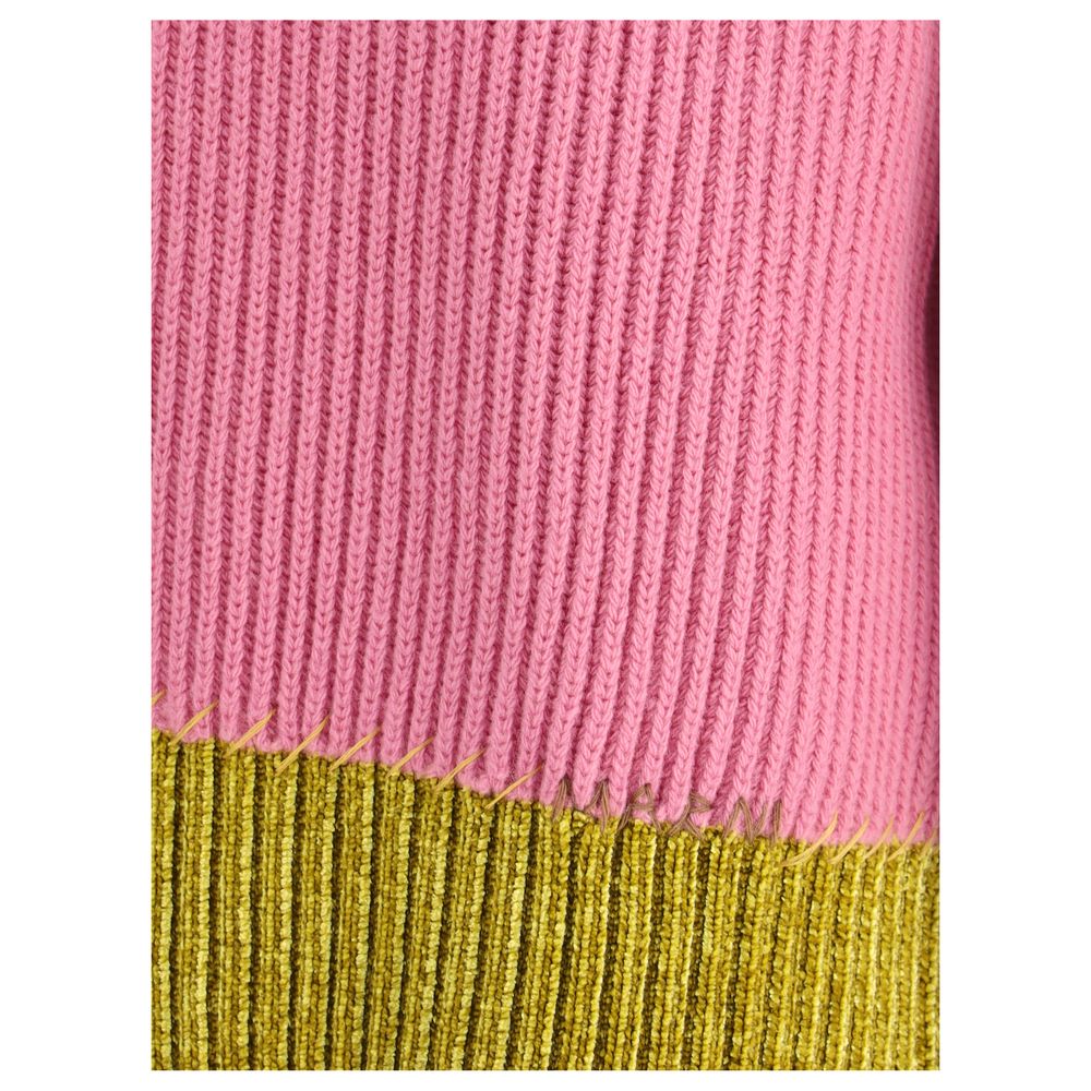 Close-up of pink and yellow knit fabric on Marni Multicolor Fleece Wool Sweatshirt with ribbed texture.