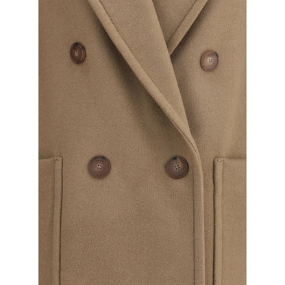 Max Mara Beige Fleece Wool Coat with peaked lapel collar and button closure