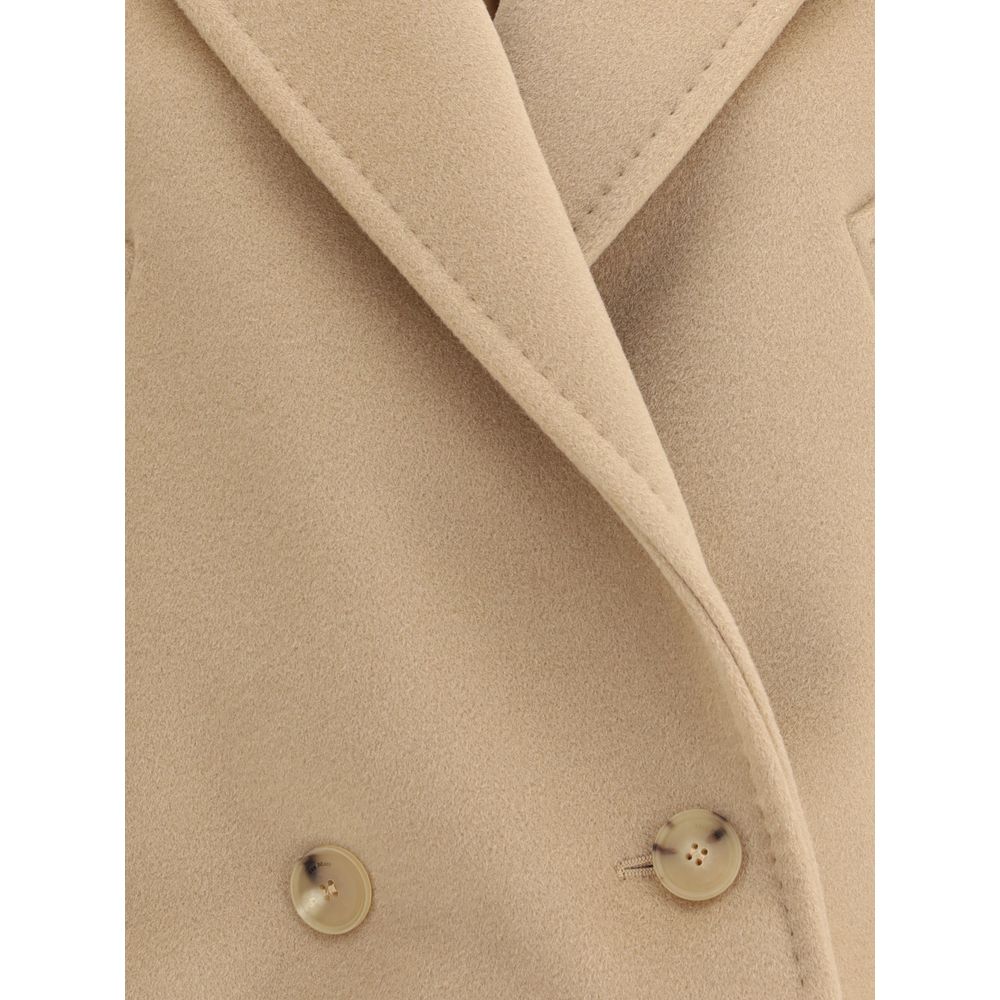 Close-up of Max Mara Beige Wool Coat showing double-breasted button detail and lapel collar.