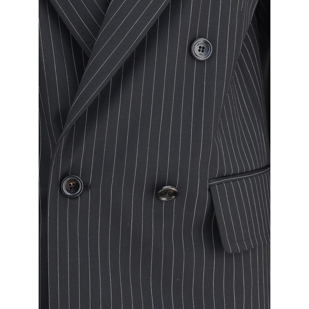 Close-up of Max Mara Black Fleece Wool Blazer with striped pattern, featuring peaked lapels and a double-breasted button closure.